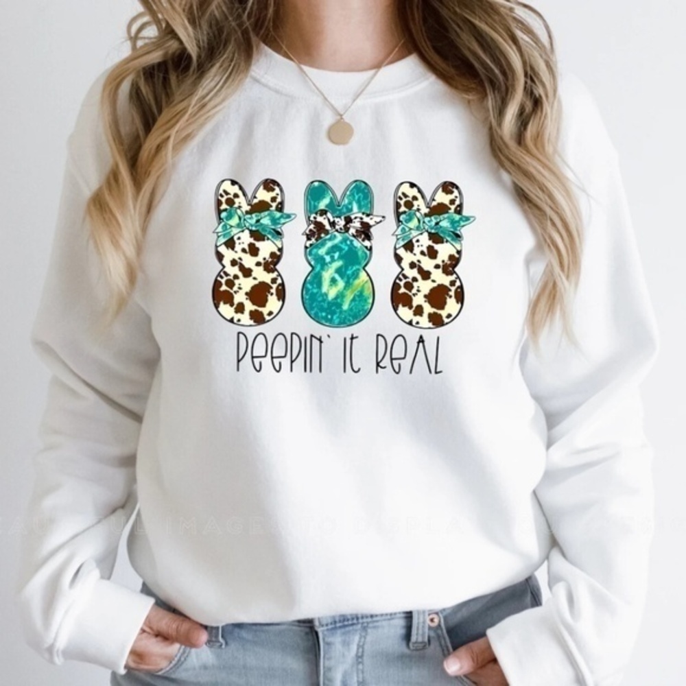 Peeping It Real Easter Cow Print White Women's Sweatshirt - Picture 1 of 2